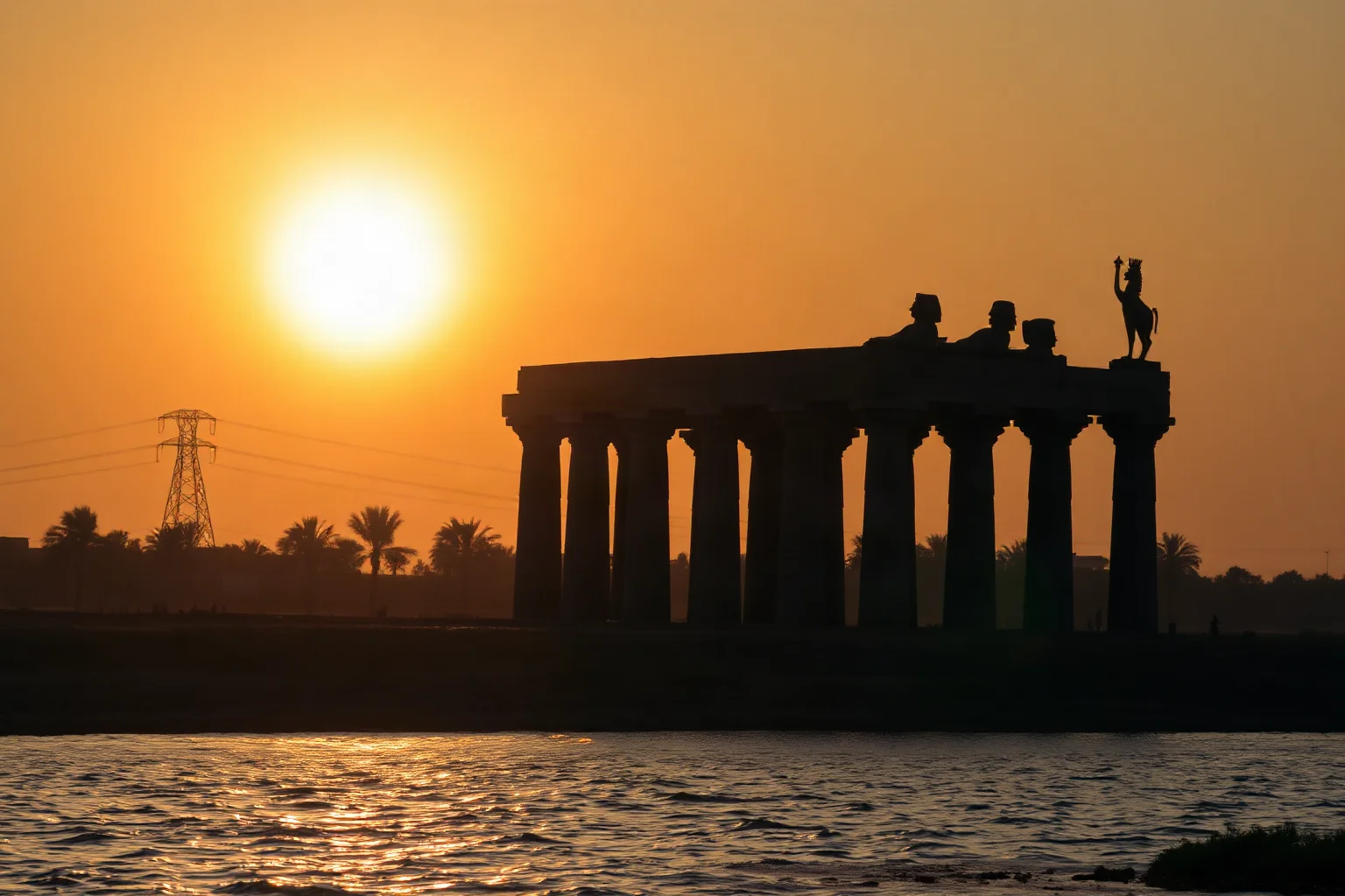 Sunrise over the Nile River with ancient Egyptian temple silhouettes, symbolizing an ancient birth era