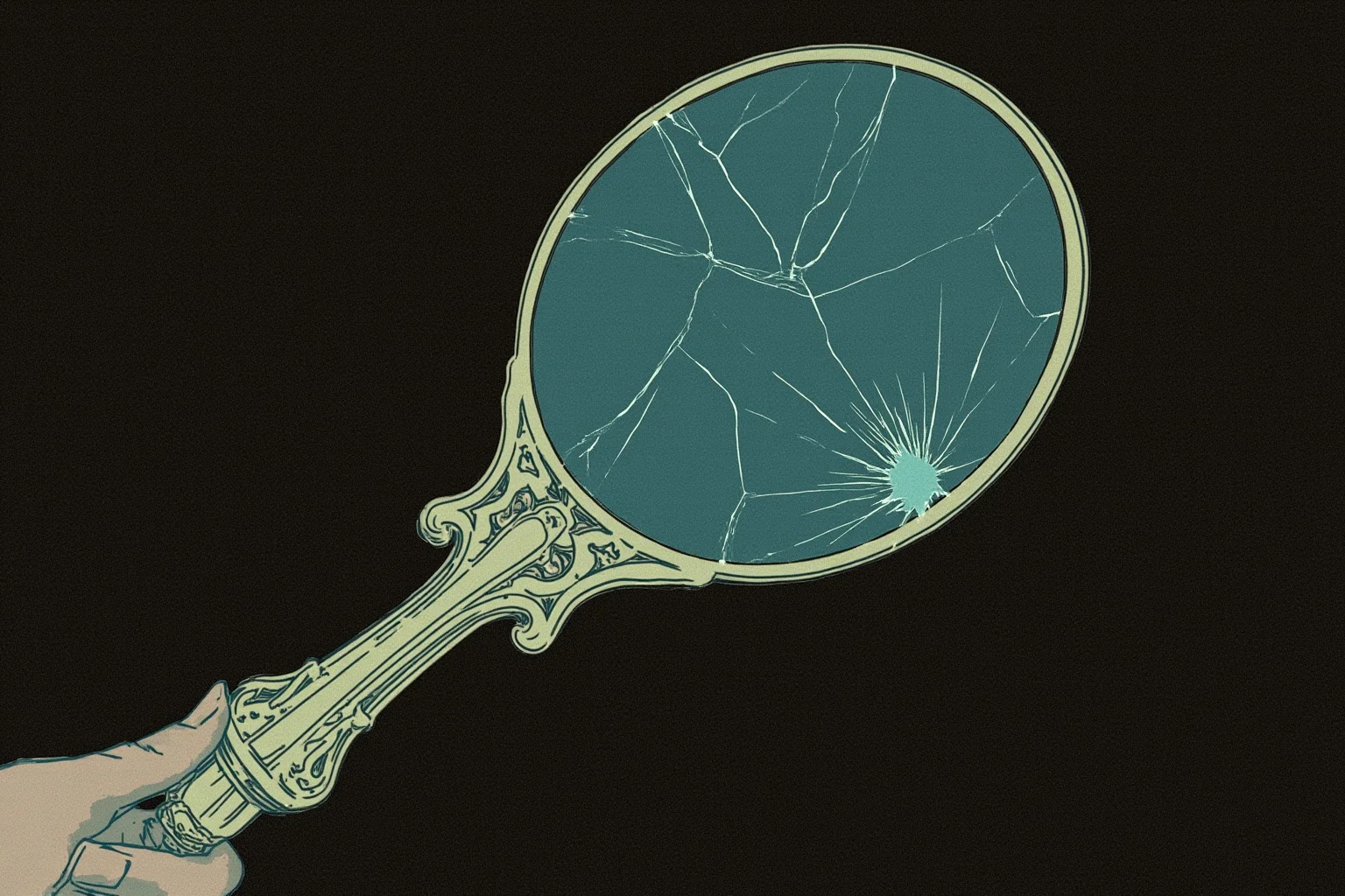 A vintage-style illustration of a cracked hand mirror with faint ghostly light spilling from the broken glass