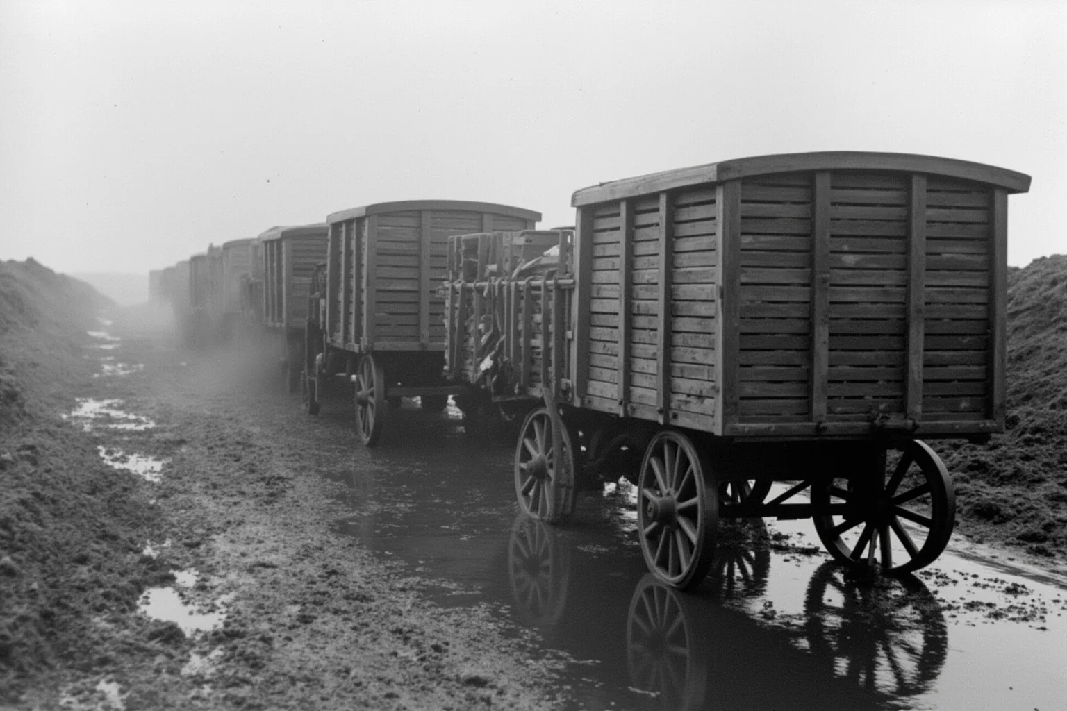 The Evolution of World War 1 Rations: 24 Facts About Food, Trenches, and Rationing 12 Supply wagons and crates of provisions being transported toward the front line through muddy terrain under shellfire