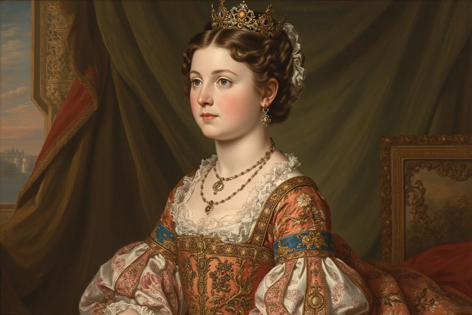Surprising Facts About Marie Antoinette (And 10 Misconceptions) 2 Elegant painting-style illustration of a young 18th-century Habsburg archduchess in ornate Austrian court dress, non-photorealistic