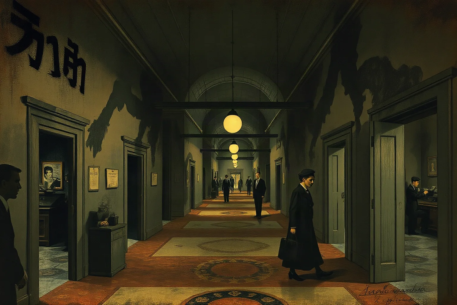 Surreal early 20th century illustration of a shadowy bureaucratic office corridor, evoking Kafkaesque atmosphere
