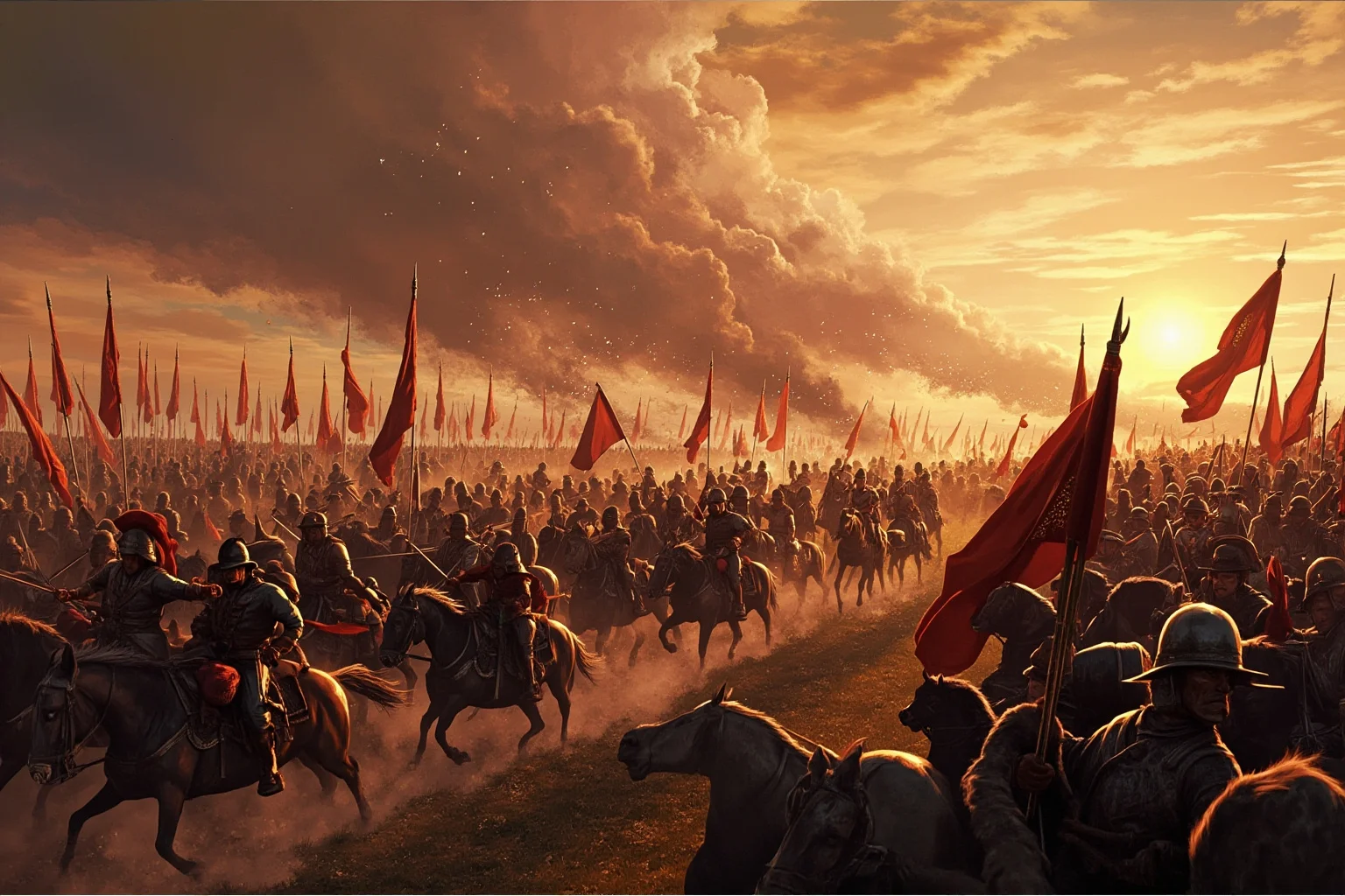 It's In The Name: Why Alexander The Great Is Considered History's Greatest General 10 Sweeping illustrated battle scene with ancient cavalry and infantry formations clashing at dawn, epic historical art