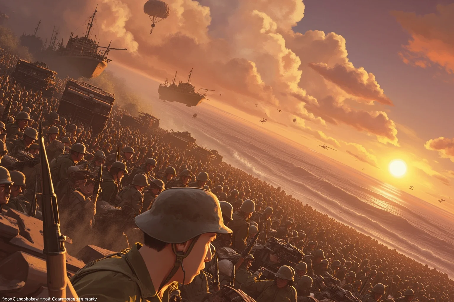 Sweeping illustration of massed landing craft and paratroopers approaching a heavily defended beach at sunrise