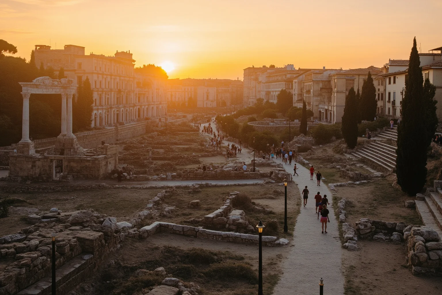 Sweeping modern photo-style view of tourists walking through excavated ancient Roman ruins at sunset