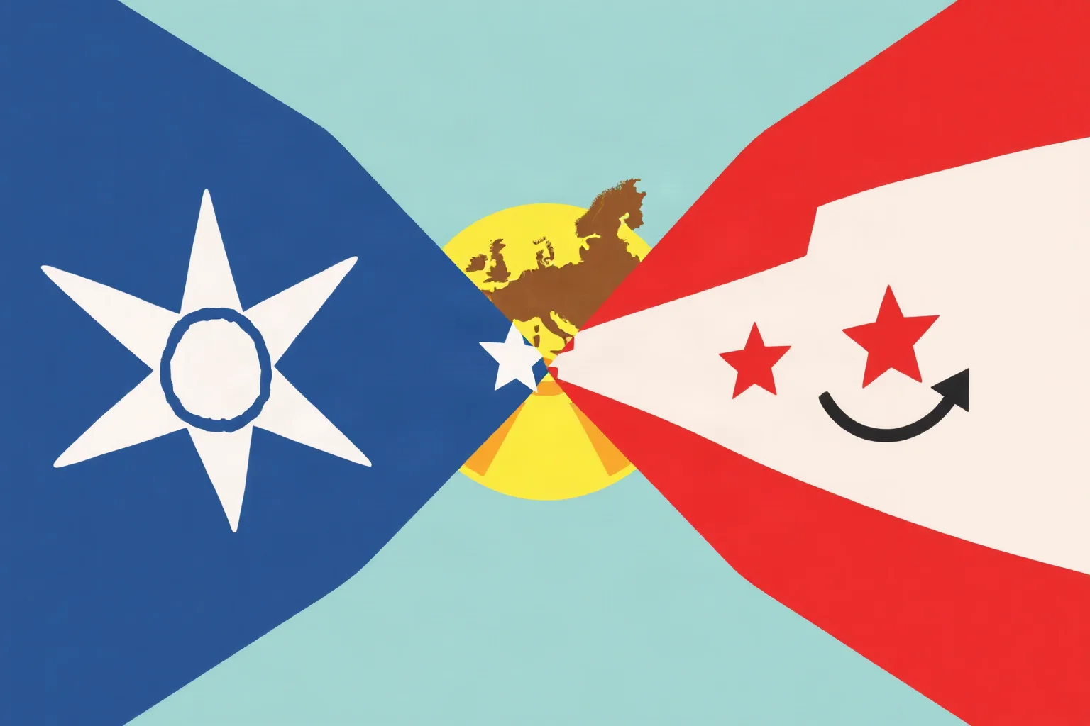 Symbolic Cold War illustration showing two opposing flags and a divided map with a nuclear silhouette in the background