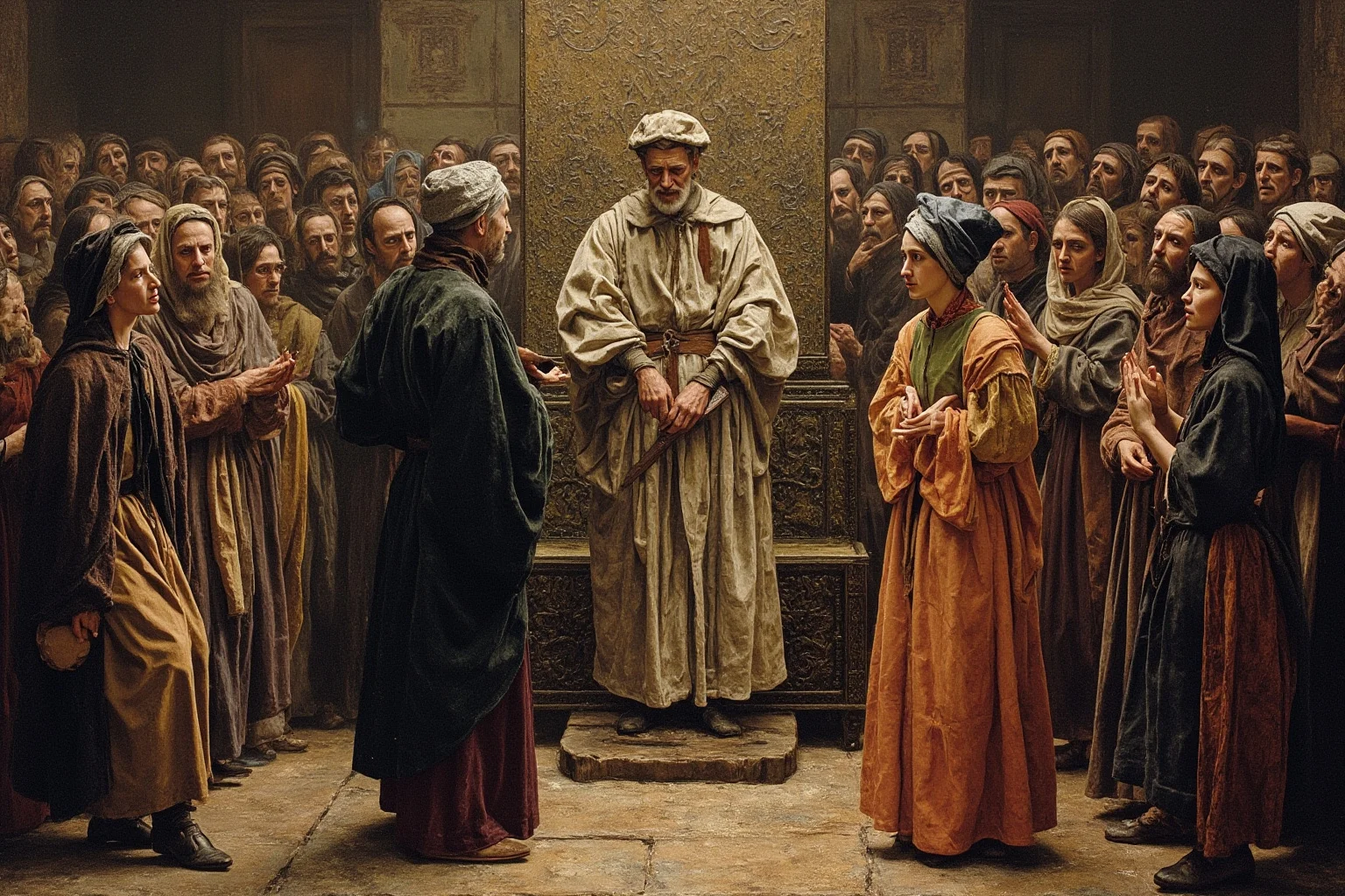 Symbolic courtroom-style medieval illustration representing witch trial suspicion, non-graphic