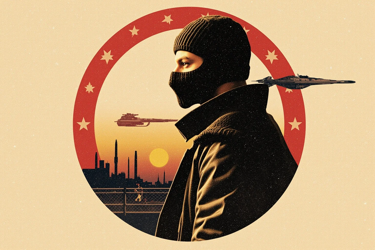 History's Greatest Rebels That Challenged the Status Quo 24 Symbolic illustration blending a masked rebel figure, a barricade, and a distant futuristic rebel starship silhouette, collage style representing fictional movie rebels
