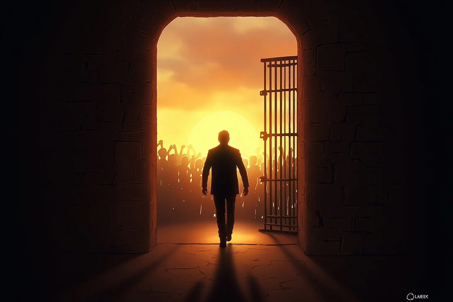 History's Greatest Rebels That Challenged the Status Quo 17 Symbolic illustration of a man's silhouette walking free through an open prison gate toward a crowd, dawn lighting