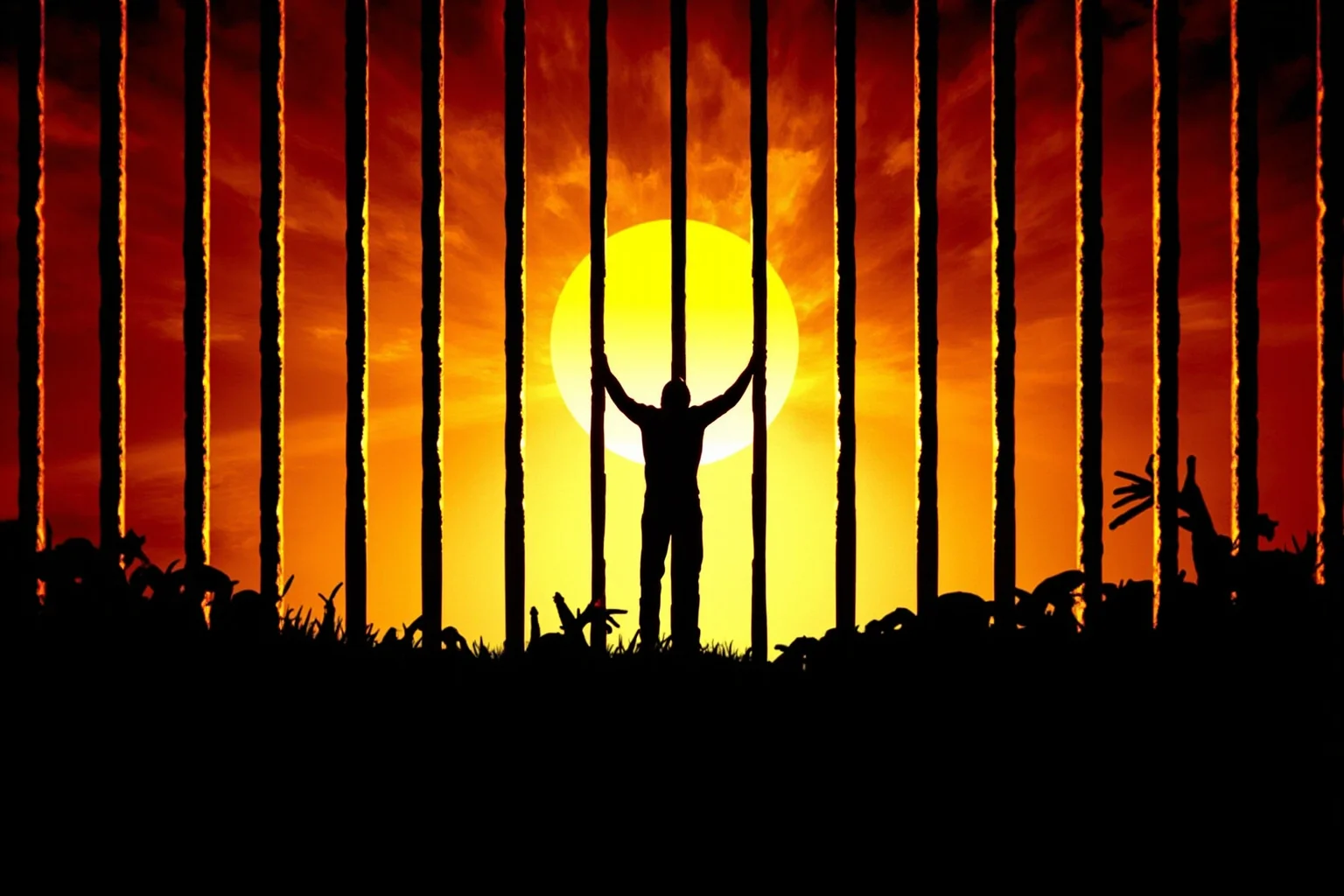 Historical Villains Who Were Actually Heroes 21 Symbolic illustration of a silhouetted figure behind prison bars with a bright sunrise breaking through in the background, hopeful tone