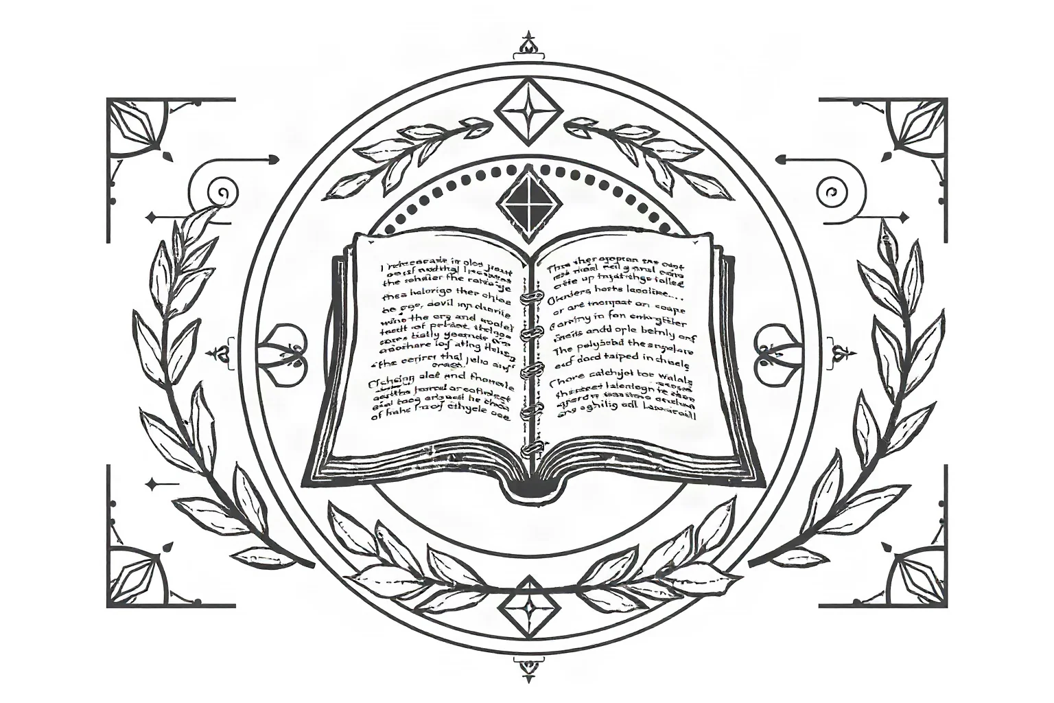 Symbolic illustration of an open ancient scroll surrounded by geometric shapes and laurel leaves, no figures