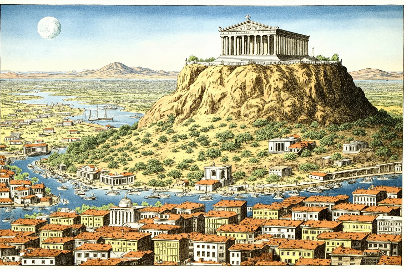 Symbolic illustration of ancient Athens as a powerful city-state, with a grand temple on a hilltop overlooking the city