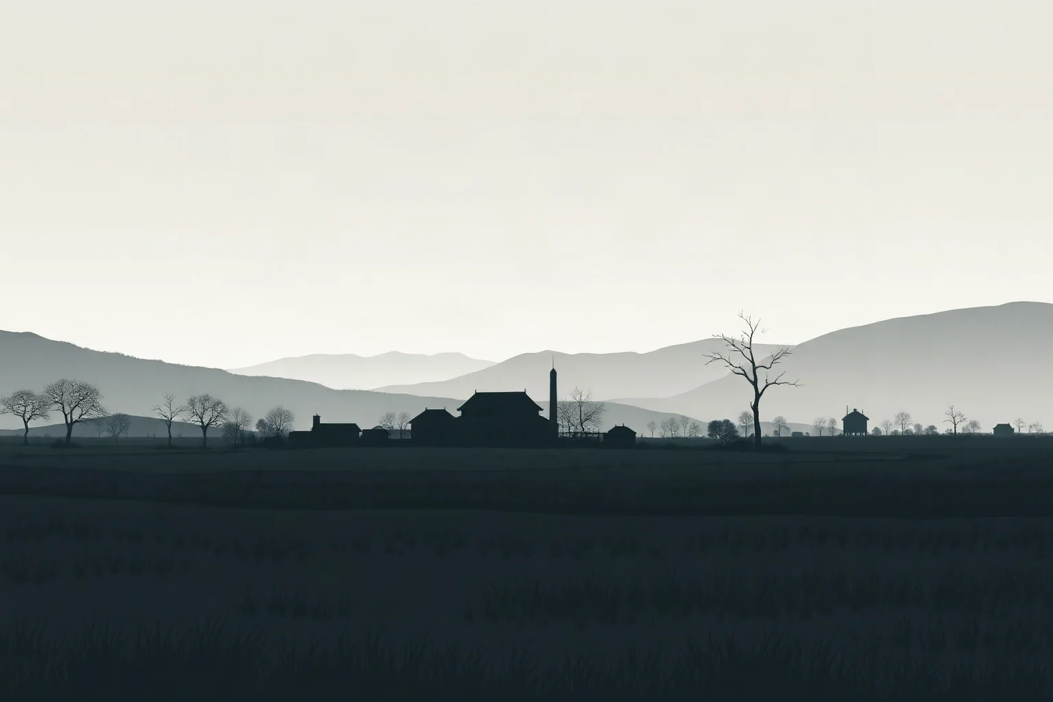 Symbolic illustration of famine-era rural China in the mid-20th century, empty fields and a distant collective farm silhouette