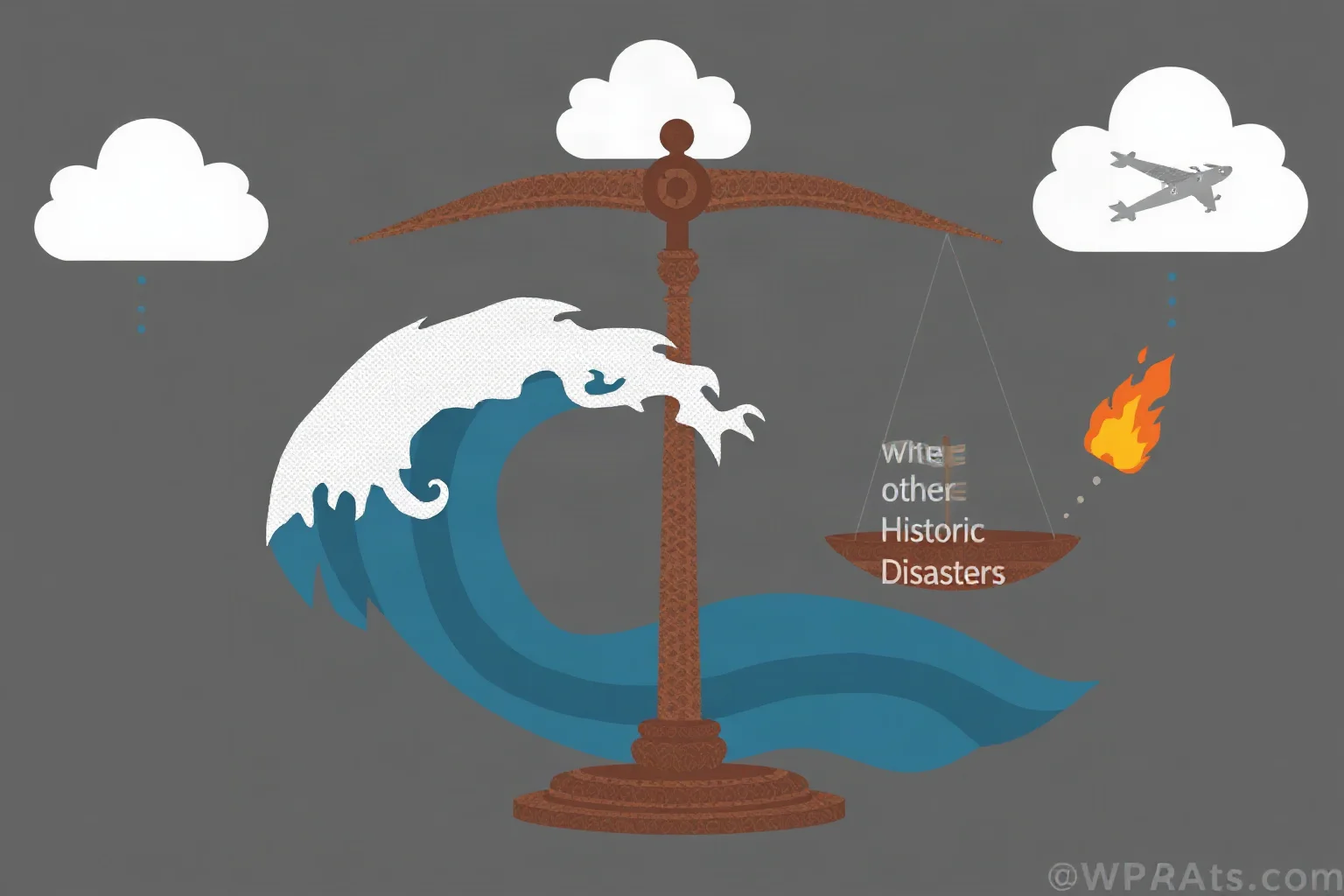 Symbolic illustration of scales weighing a flood wave against other historic disasters