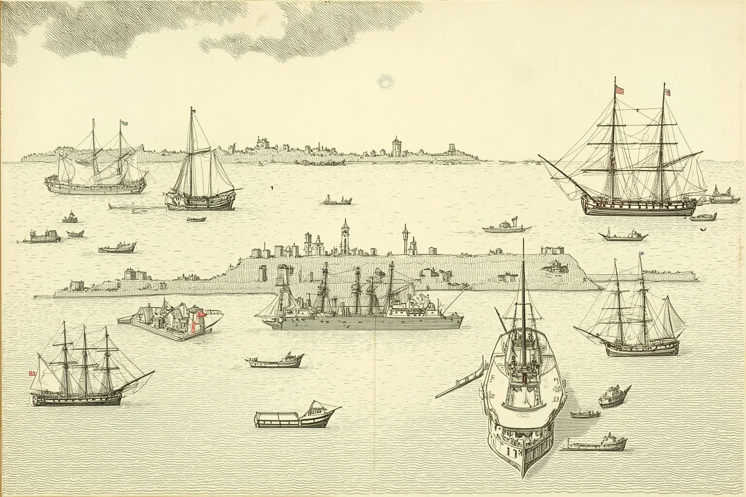 Symbolic illustration of ships and a harbor representing 19th-century international maritime trade routes