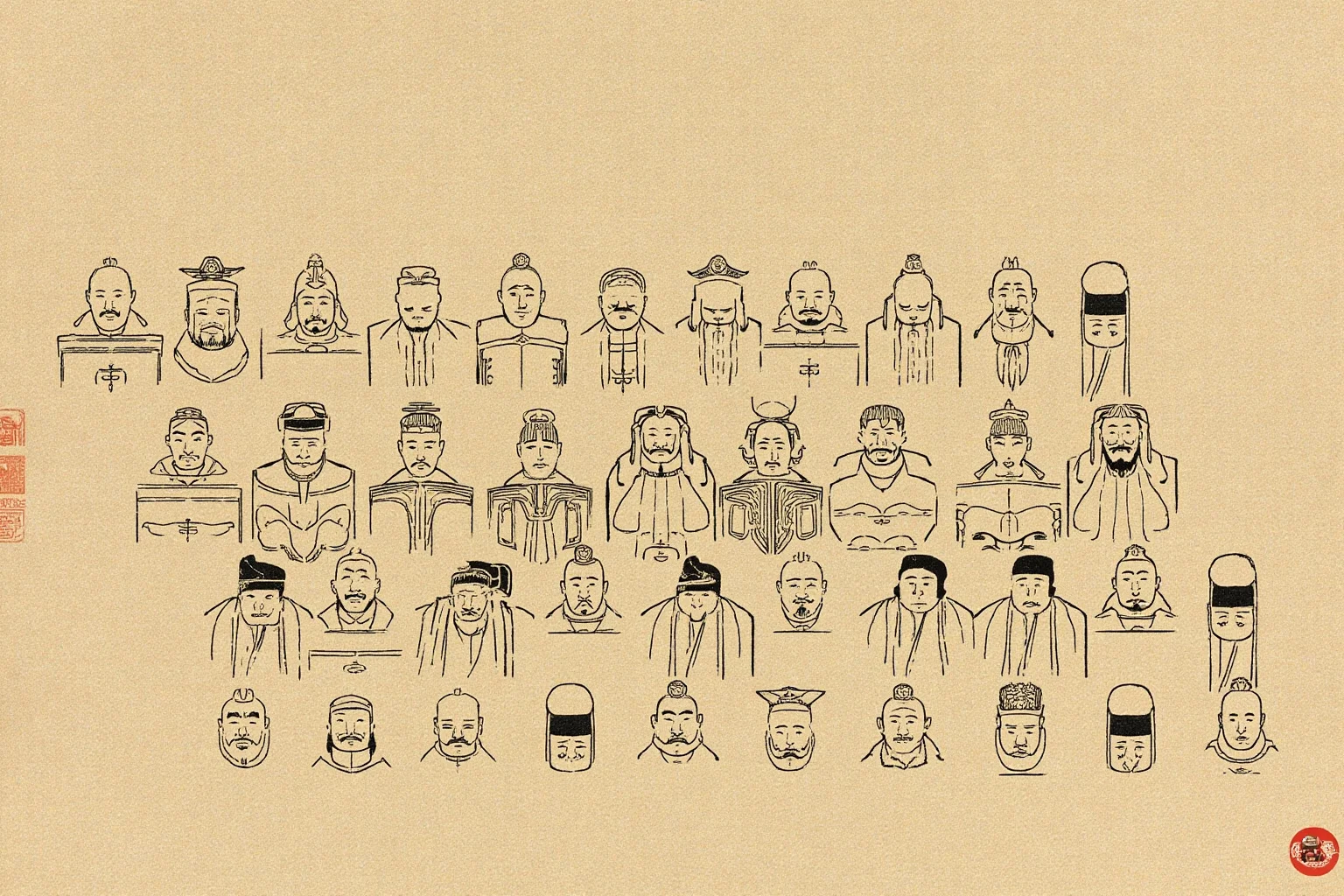 Symbolic illustration of Tang dynasty government ministers arranged in structured rows representing bureaucratic departments