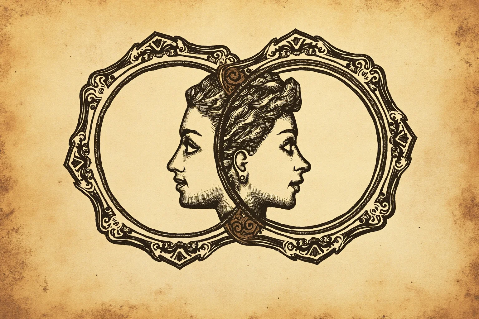 Lord Byron and Lady Caroline Lamb: History's Messiest Love Story 22 Symbolic illustration of two intertwined faded portrait frames, one male one female, aged parchment texture background