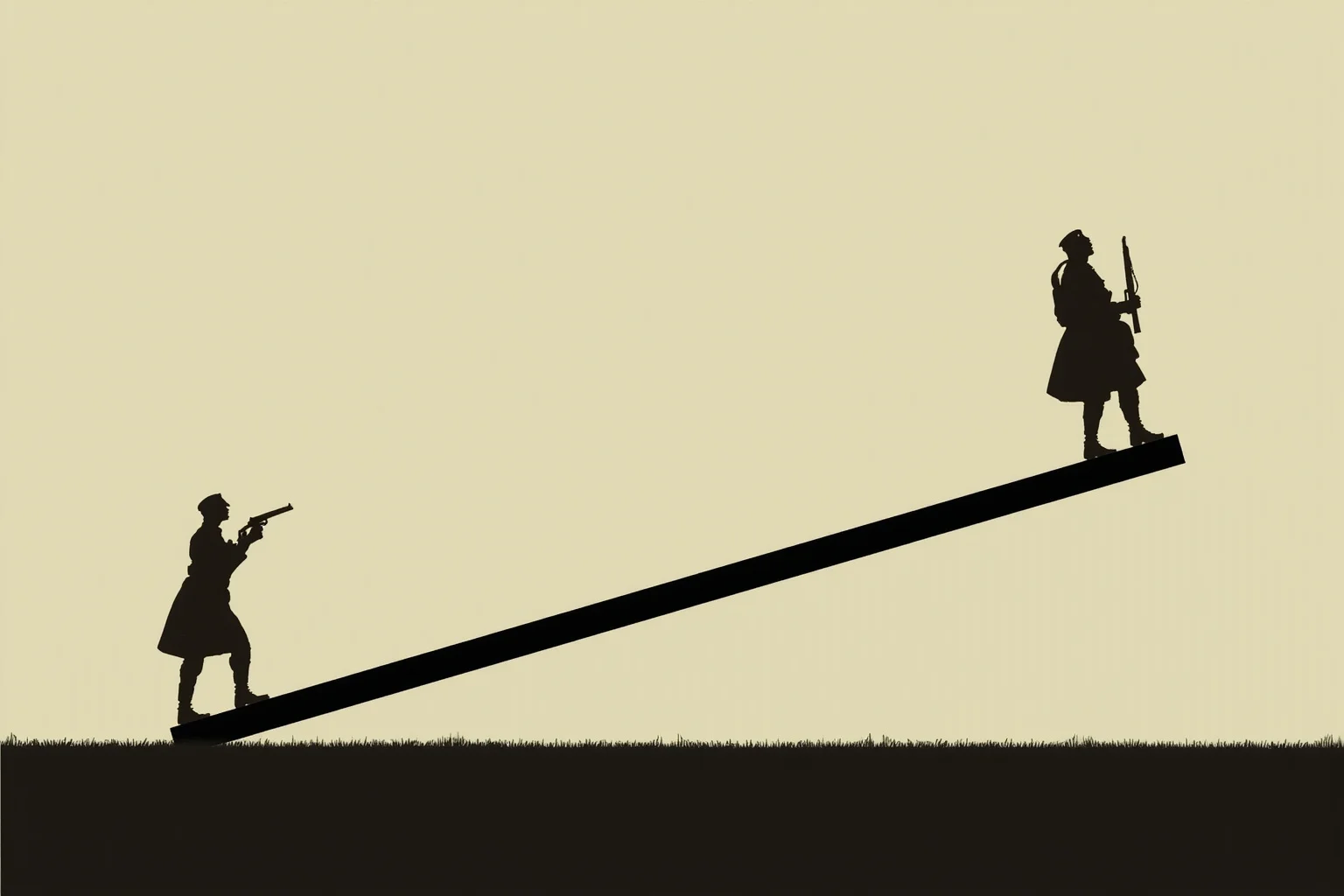 Symbolic illustration of two military figures in silhouette standing on opposite sides of a giant tilted number line, muted historical color palette