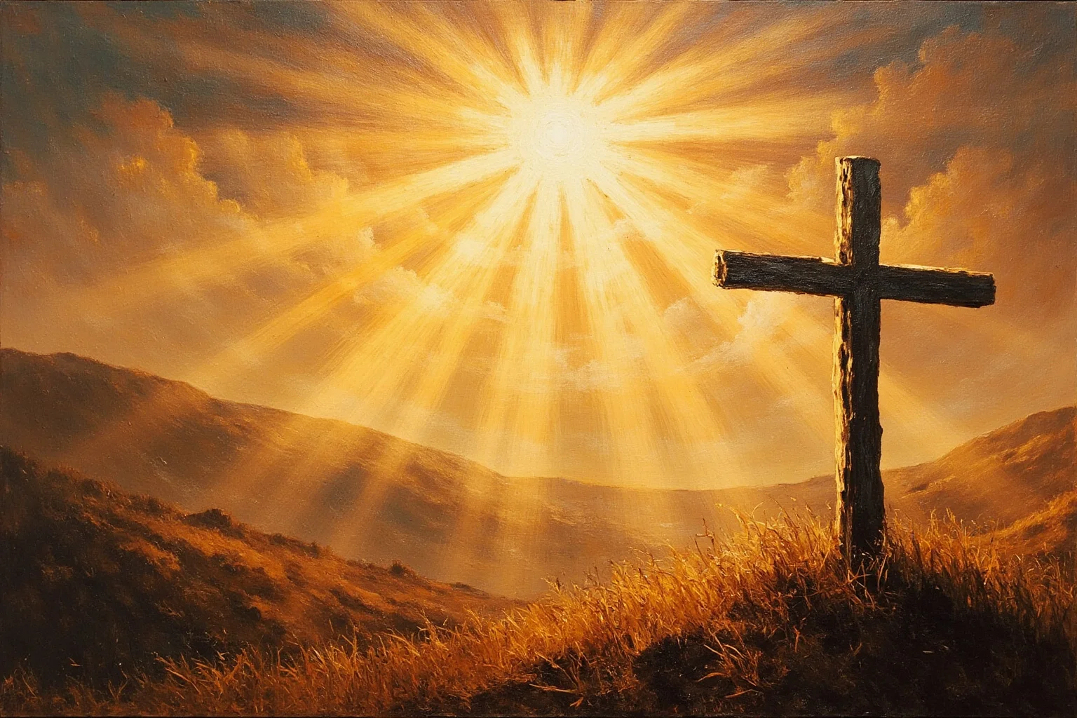 24 Historical Figures Who Became Martyrs for Their Cause 3 Symbolic painting-style image of a wooden cross and rays of light over a hilltop in the ancient Near East