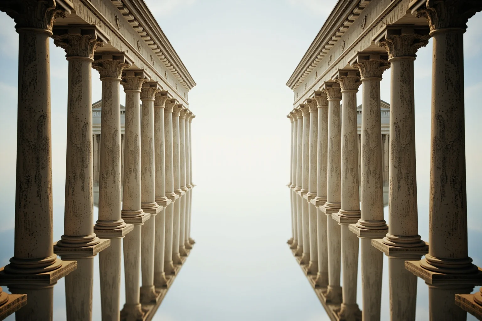 Symmetrical mirror-image illustration of two identical classical Roman columns reflecting each other