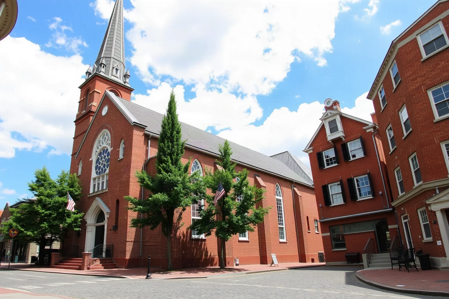 Tall brick colonial church with an elegant steeple towering over cobblestone streets in a historic city