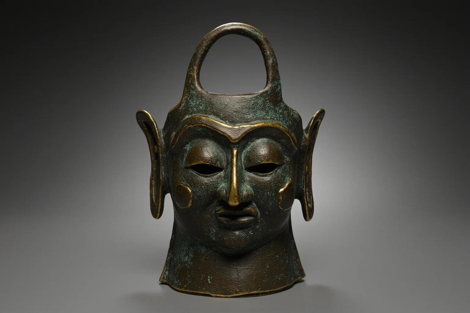 Tall bronze mask with exaggerated eyes and ears, ancient Chinese bronze age sculpture style