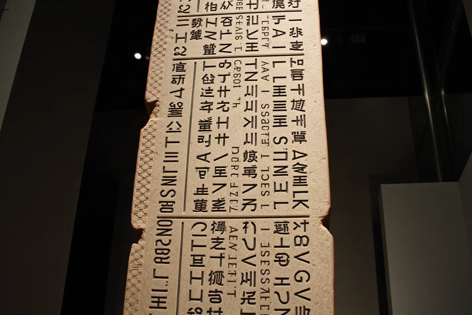 Tall carved basalt stele covered in cuneiform script, museum setting
