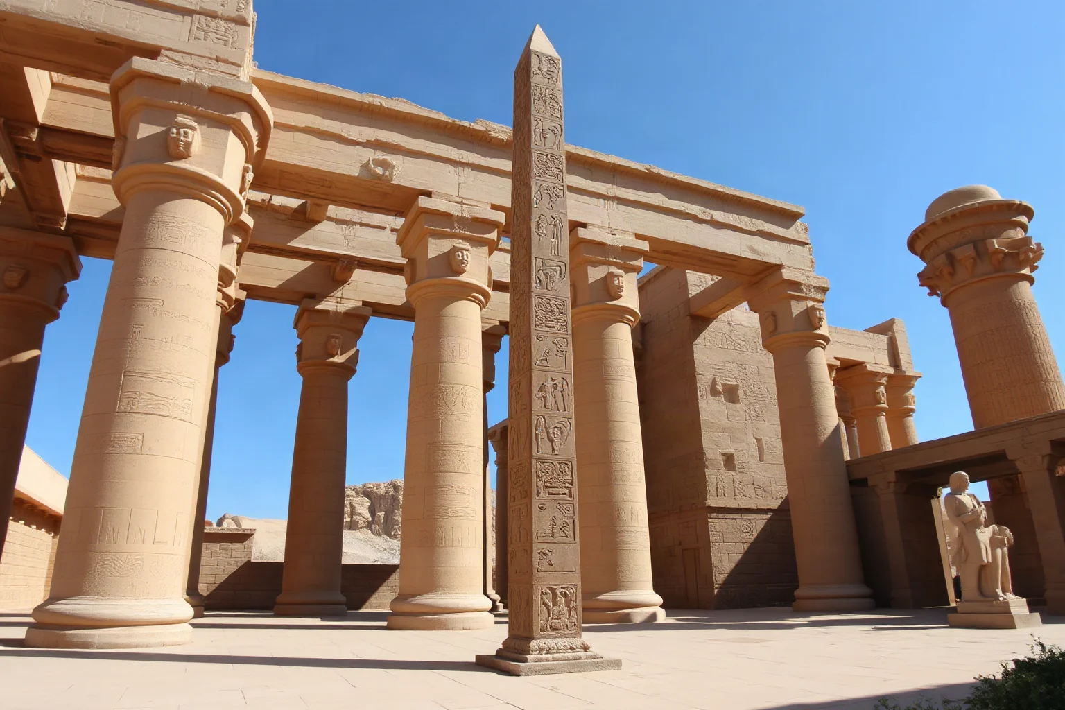 Tall carved obelisk standing in an ancient Egyptian temple courtyard