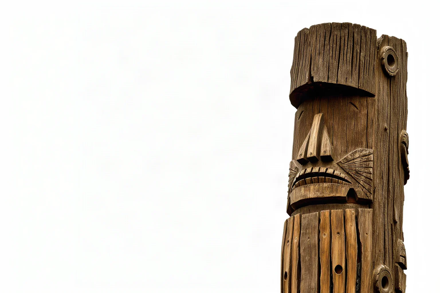Tall weathered wooden sculpture covered in carved geometric lines and faces, ancient bog artifact