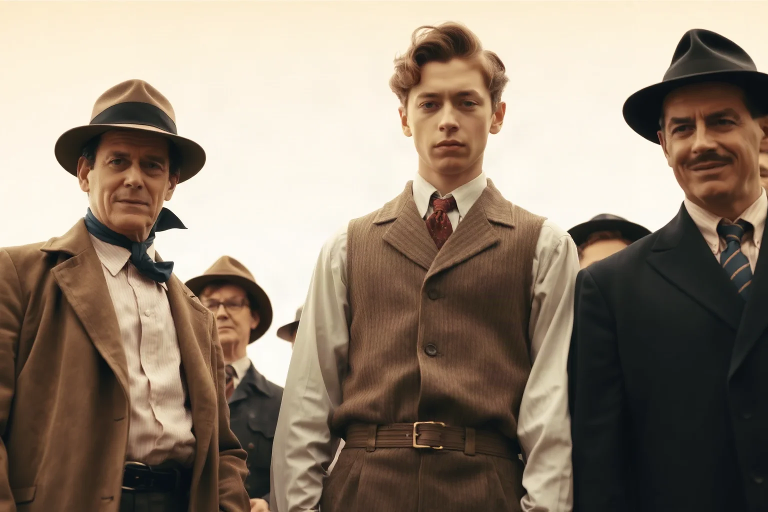 A very tall young man in 1930s clothing standing next to ordinary-height people, showing extreme height difference, gentle expression