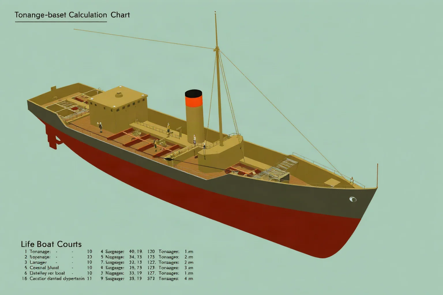 Technical cutaway illustration showing a tonnage-based lifeboat calculation chart from the early 20th century