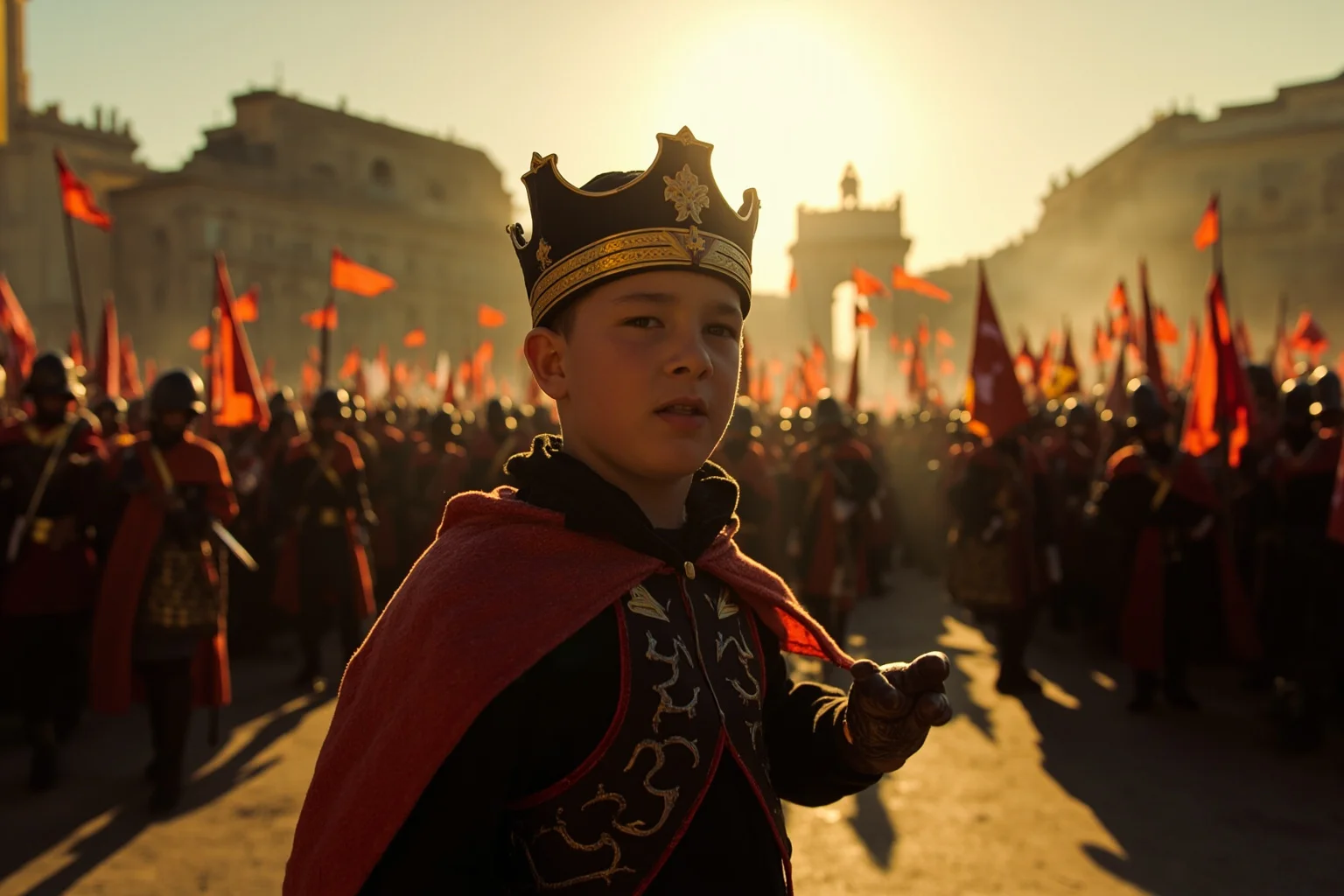 Teenage boy in royal regalia standing confidently before a large crowd of armed rebels in a city square at dusk