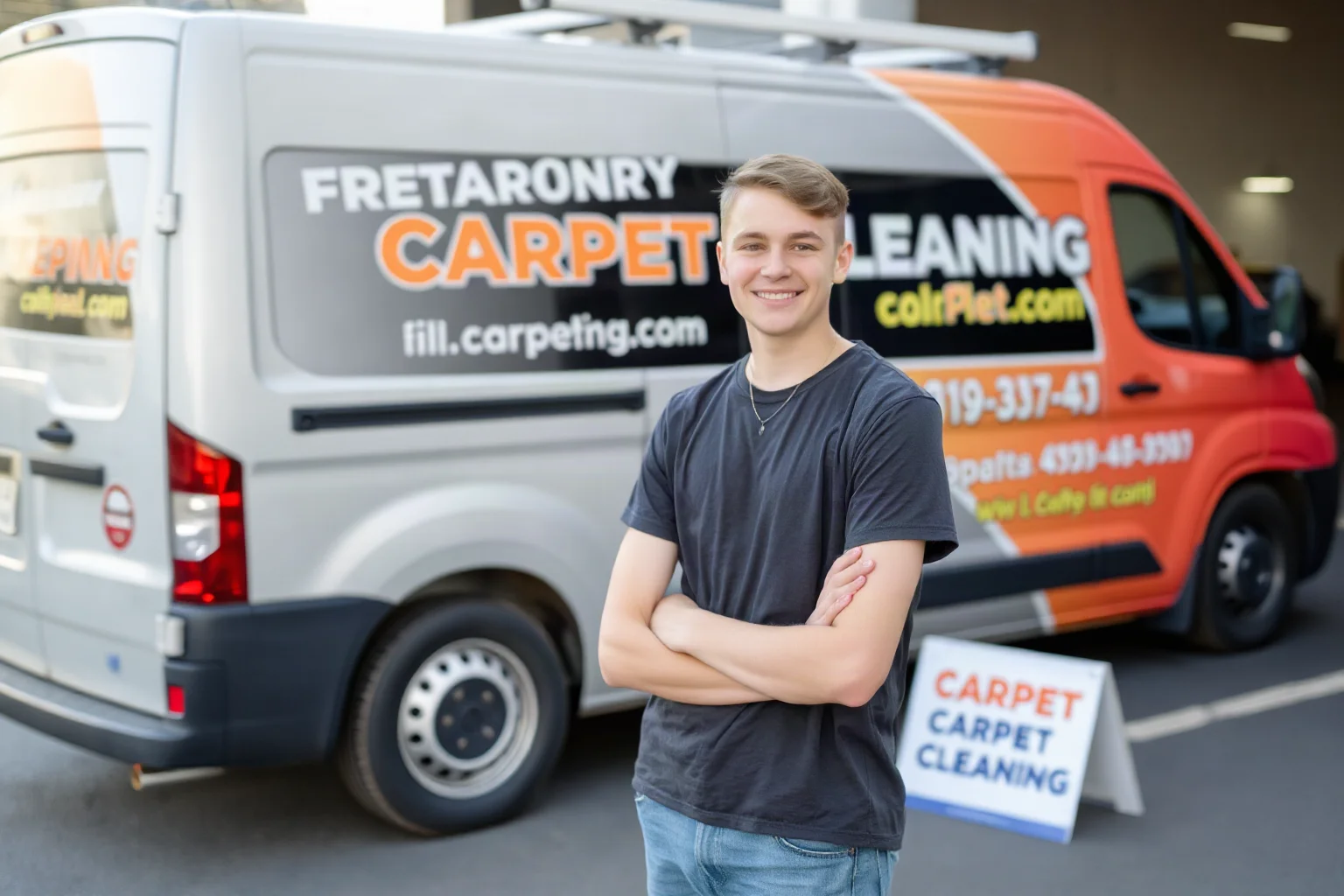 Teenage entrepreneur standing proudly in front of a carpet-cleaning van and a corporate sign