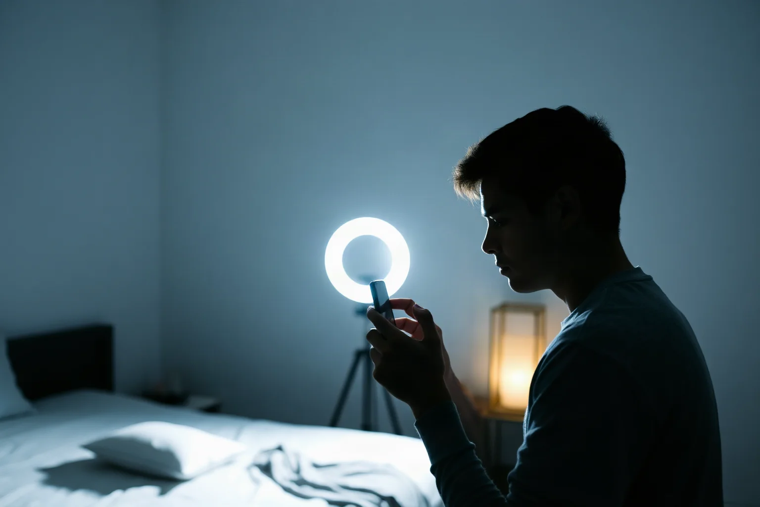 Teenager silhouette filming a smartphone video in a bedroom lit by ring light, modern minimalist setting