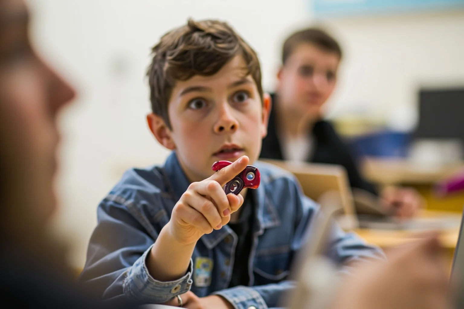 Biggest Fads Throughout American History 28 Teenager spinning a fidget spinner toy between two fingers in a classroom setting