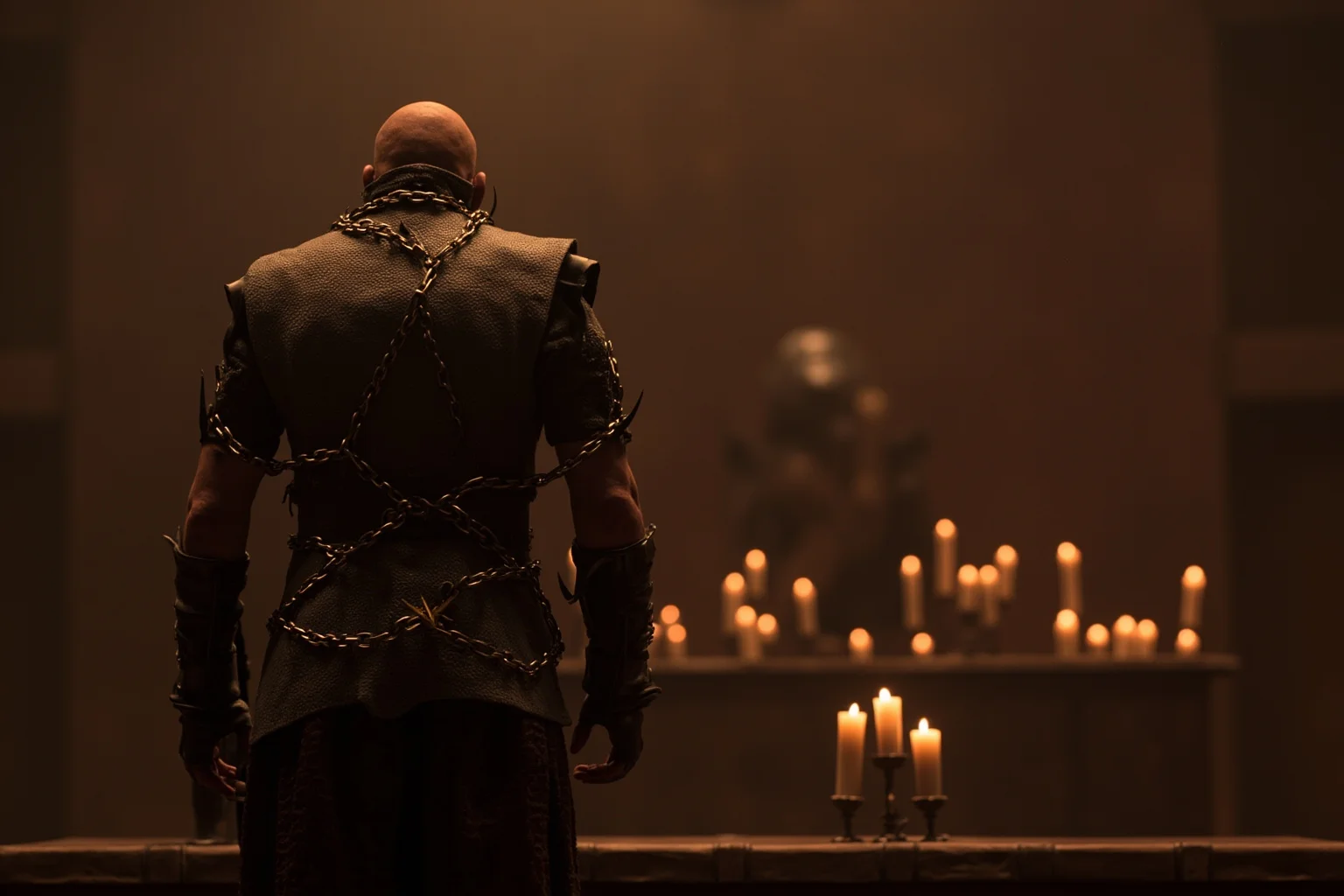22 Most Notorious Knights From History: Heroes, Villains, and Legends 15 Templar knight in chains standing before a medieval tribunal, dramatic candlelit courtroom