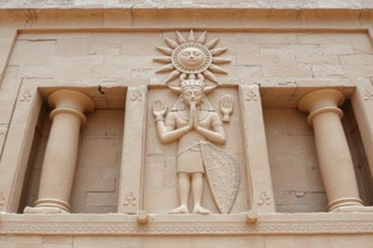 Temple relief showing a pharaoh figure with divine sun-god imagery overhead