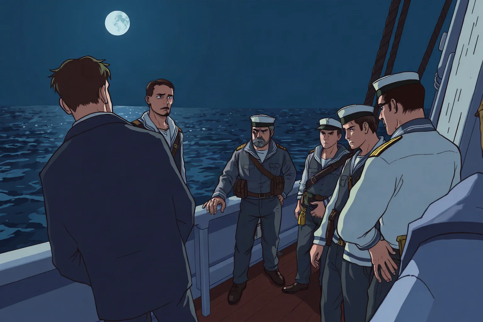 Tense illustration of sailors gathered on a ship deck at night, staring anxiously toward the dark horizon