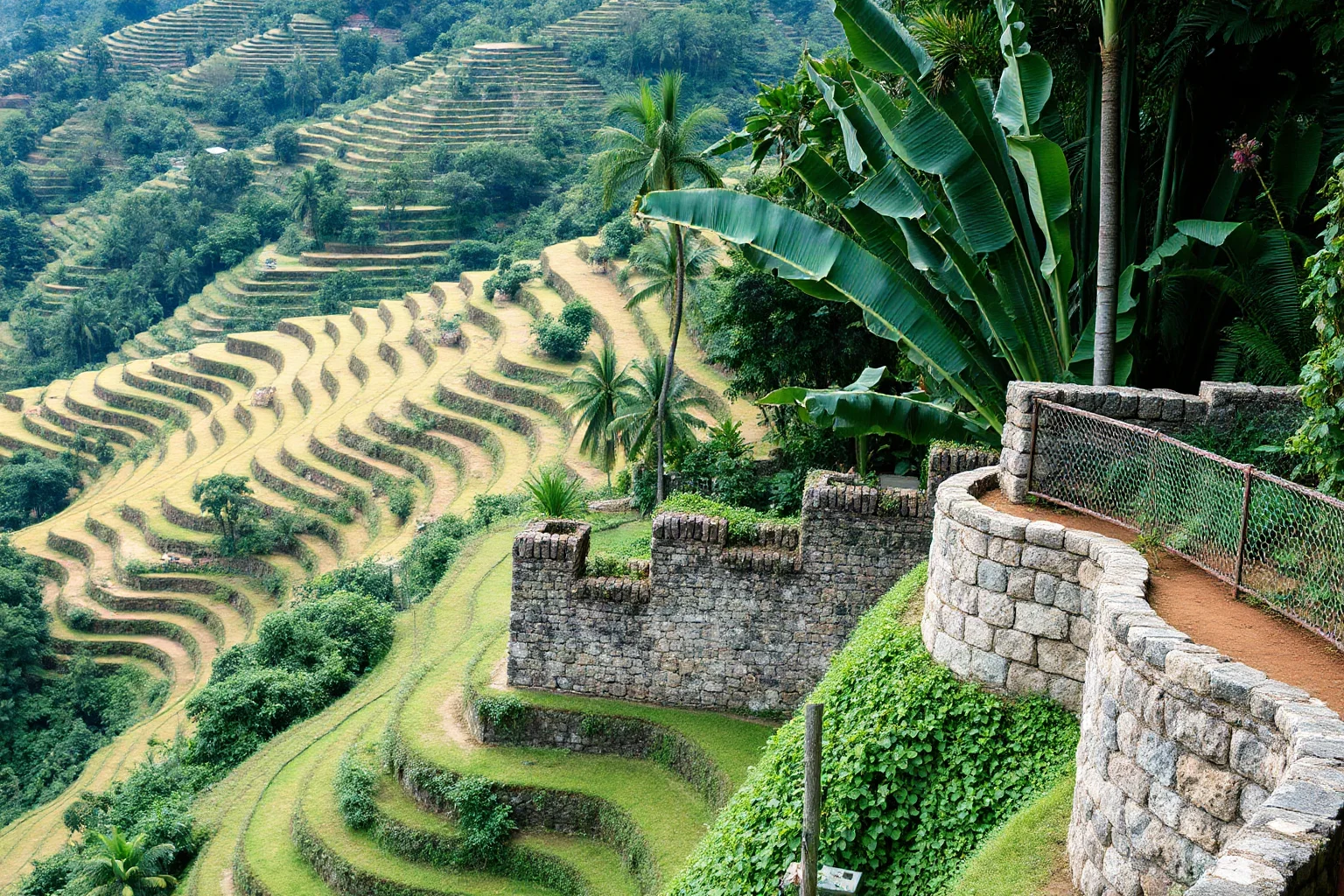 Terraced hillside farmland with stone retaining walls in a tropical valley
