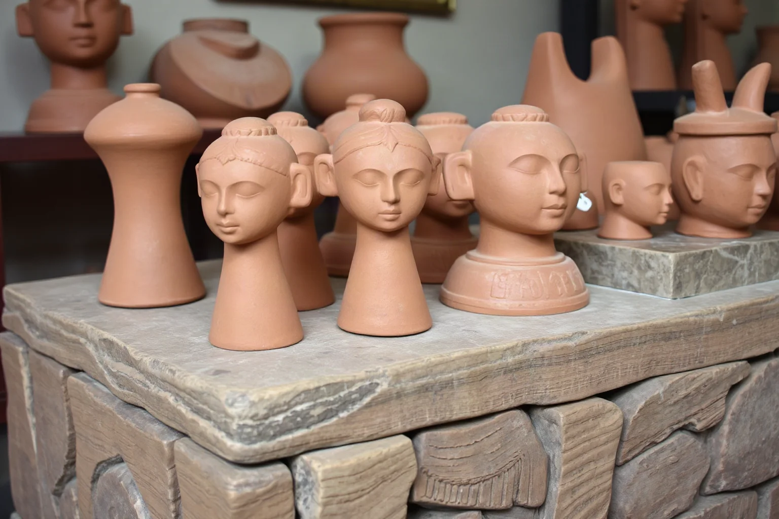 Terracotta sculpted heads and figures in the style of the Nok culture displayed on a stone platform