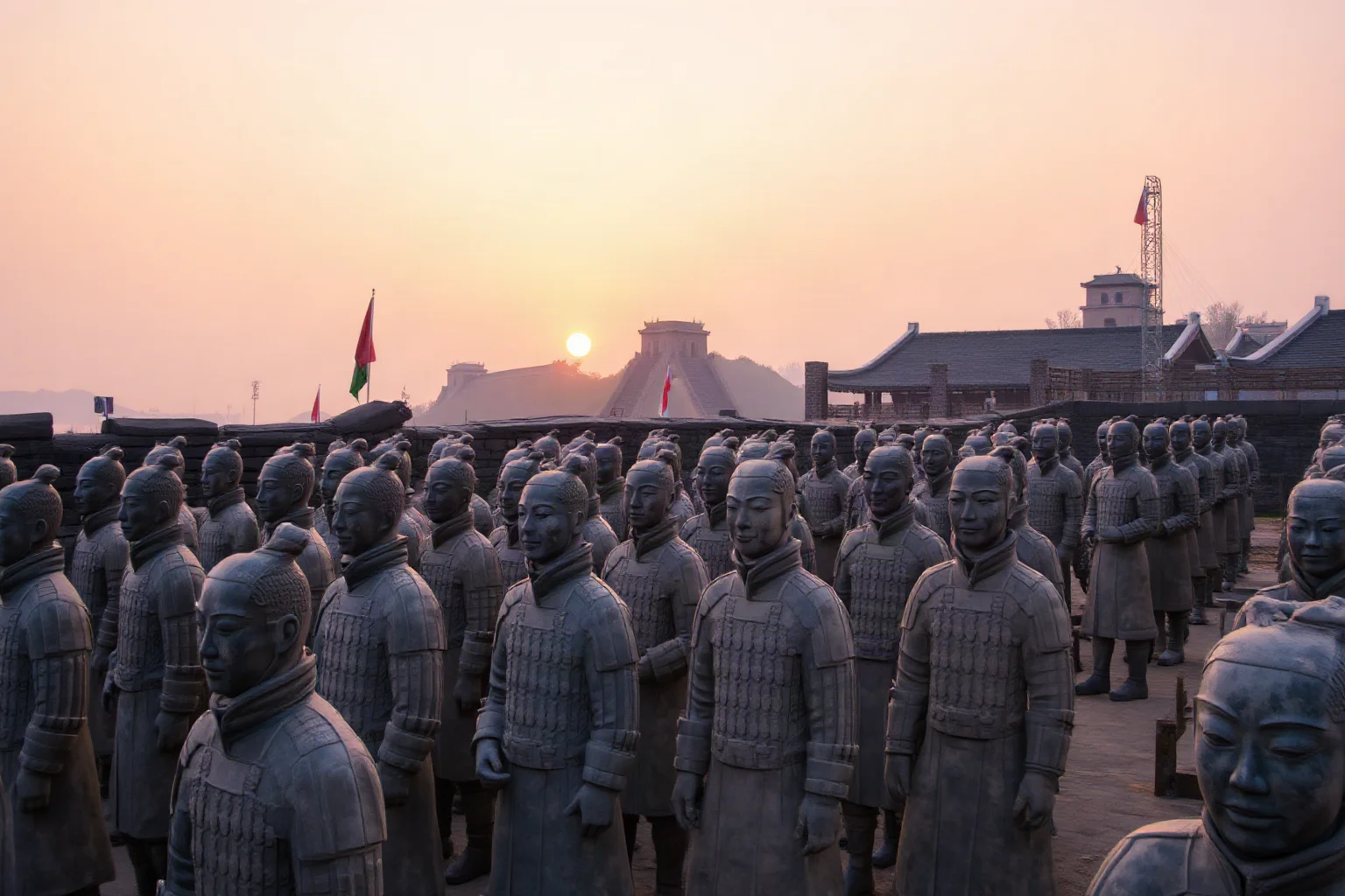 Terracotta warrior statues in formation with a distant silhouette of the Great Wall at sunset