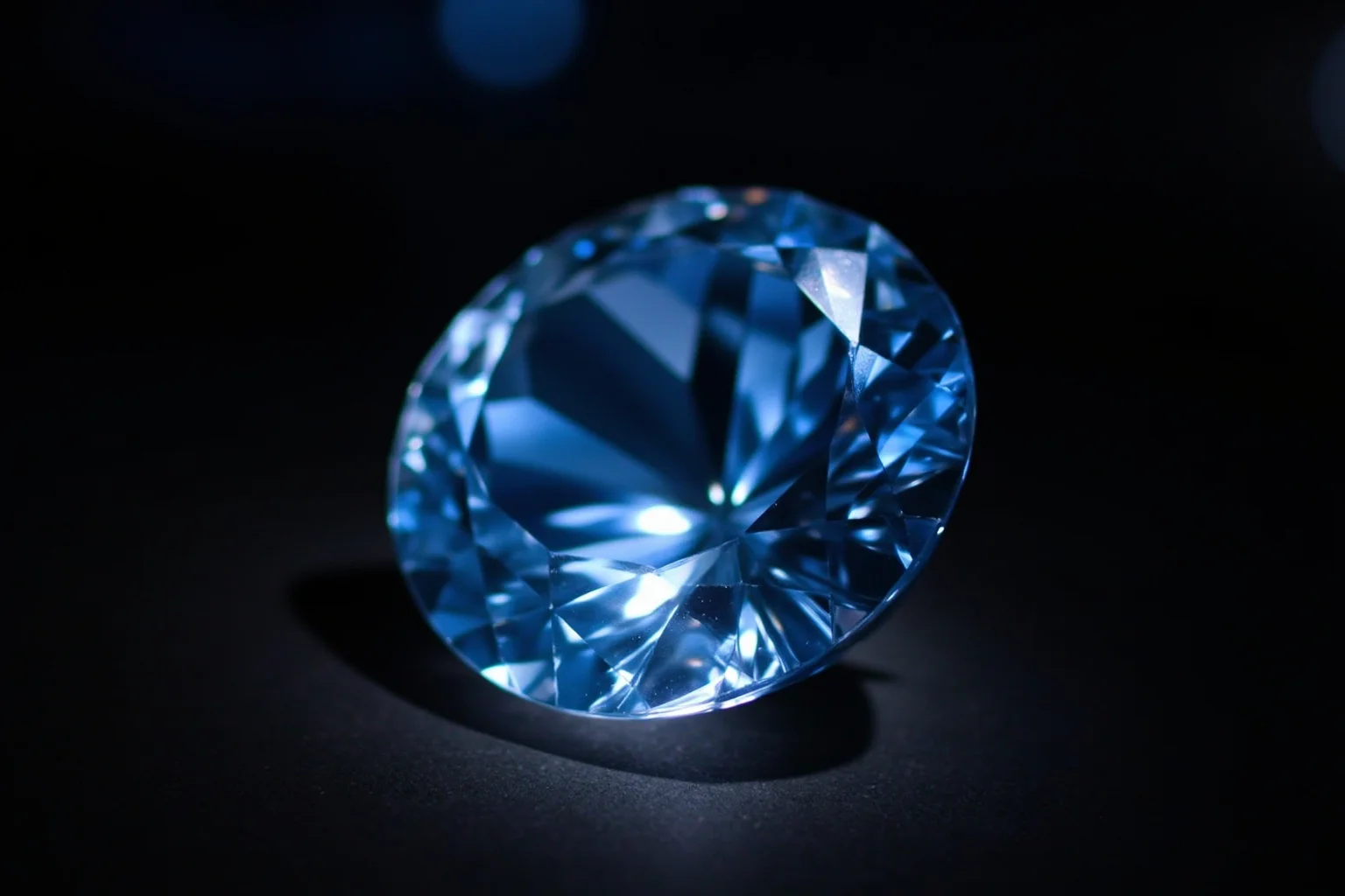 A large faceted blue diamond displayed under museum glass with dramatic lighting