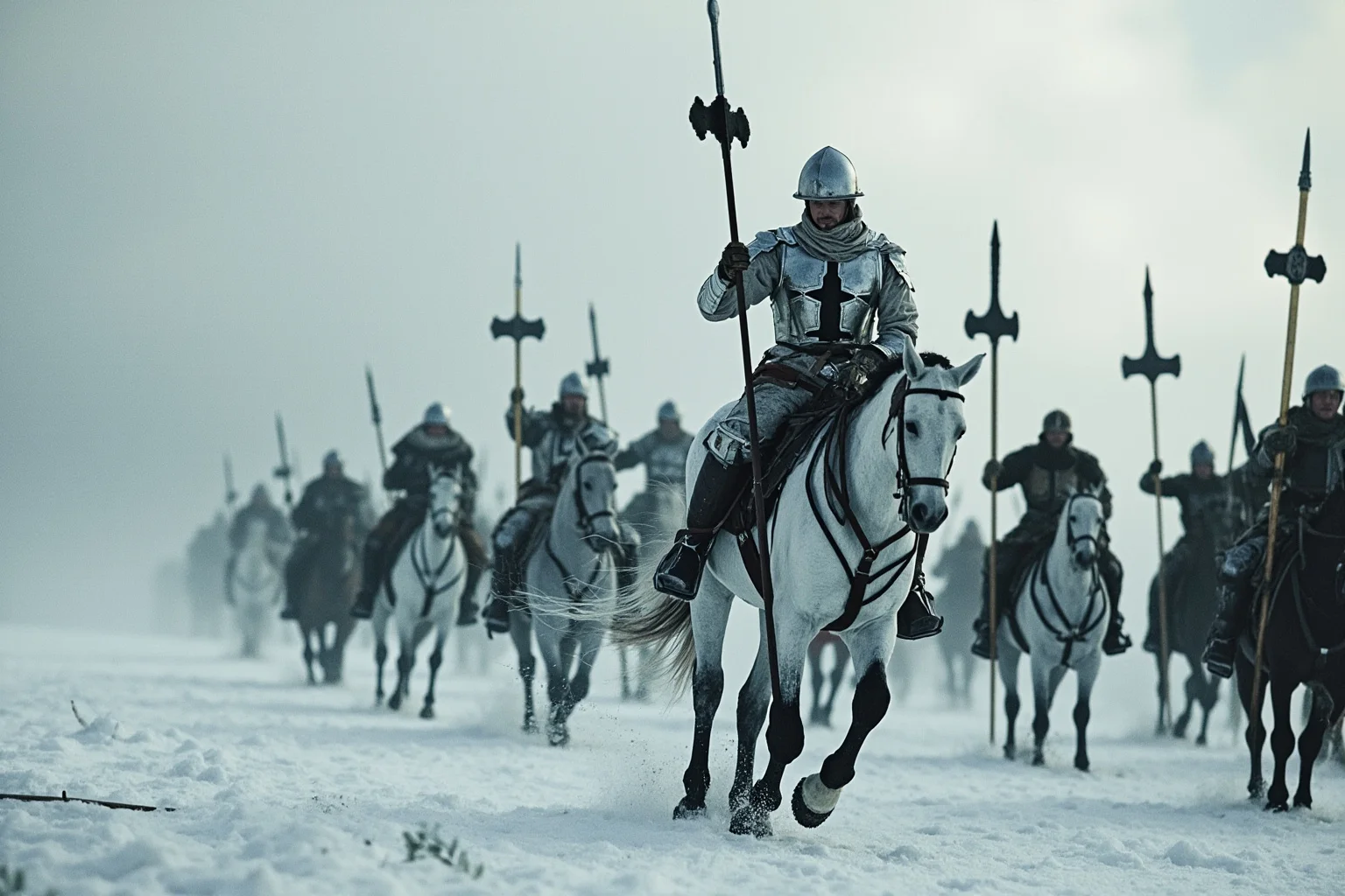 22 Most Notorious Knights From History: Heroes, Villains, and Legends 17 Teutonic knight in white armor with black cross leading cavalry across a snowy battlefield