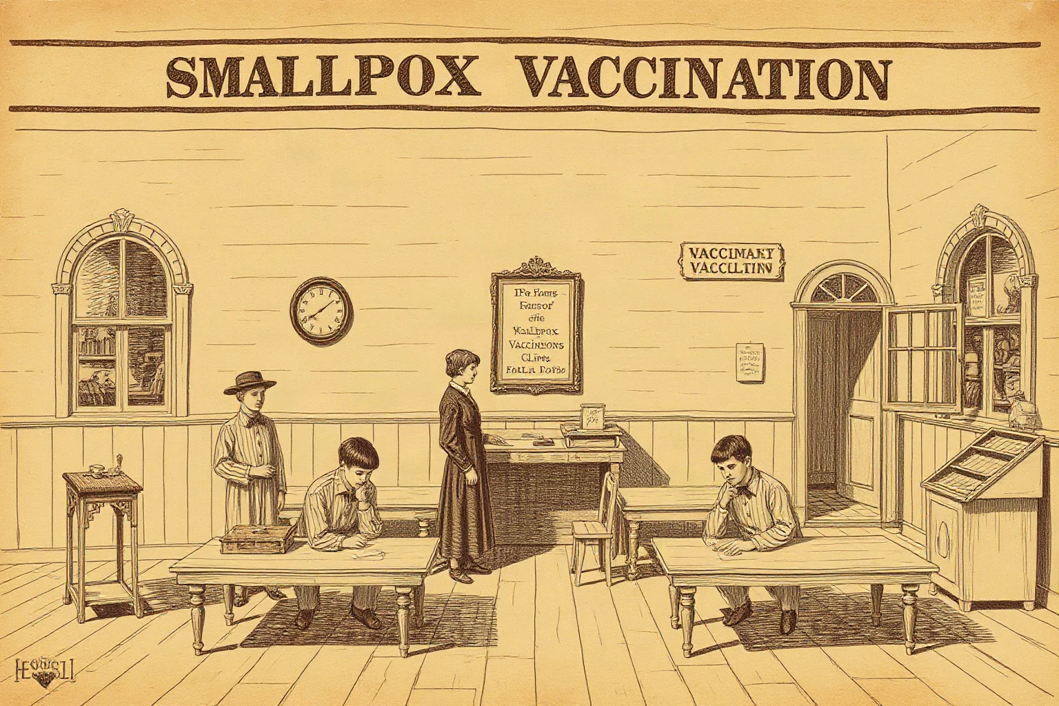 A weathered historical illustration style scene evoking a 19th-century smallpox vaccination clinic, muted sepia tones, no identifiable real people