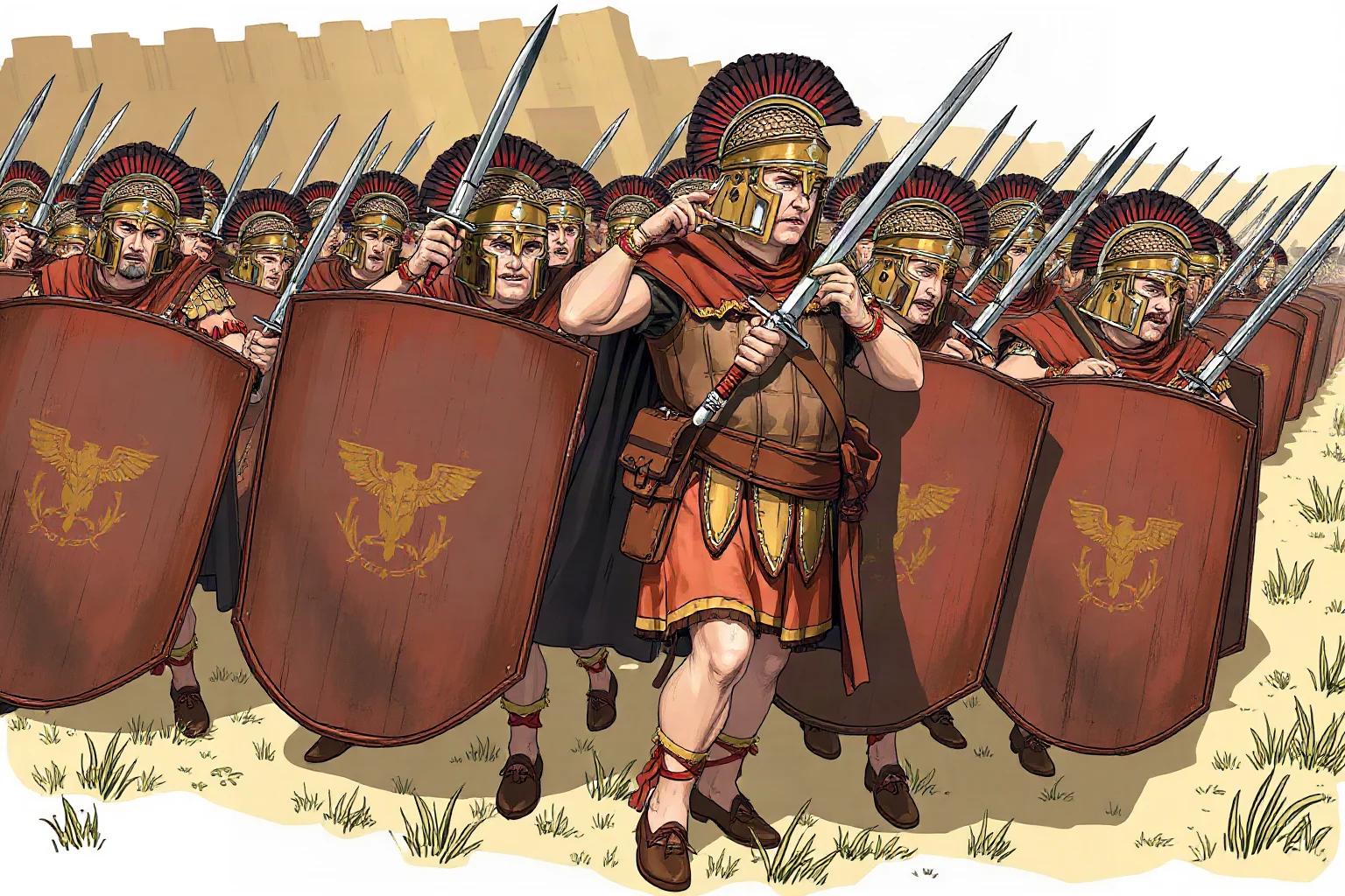 Illustration of disciplined Roman legionaries in formation with shields and short swords, ancient battlefield background