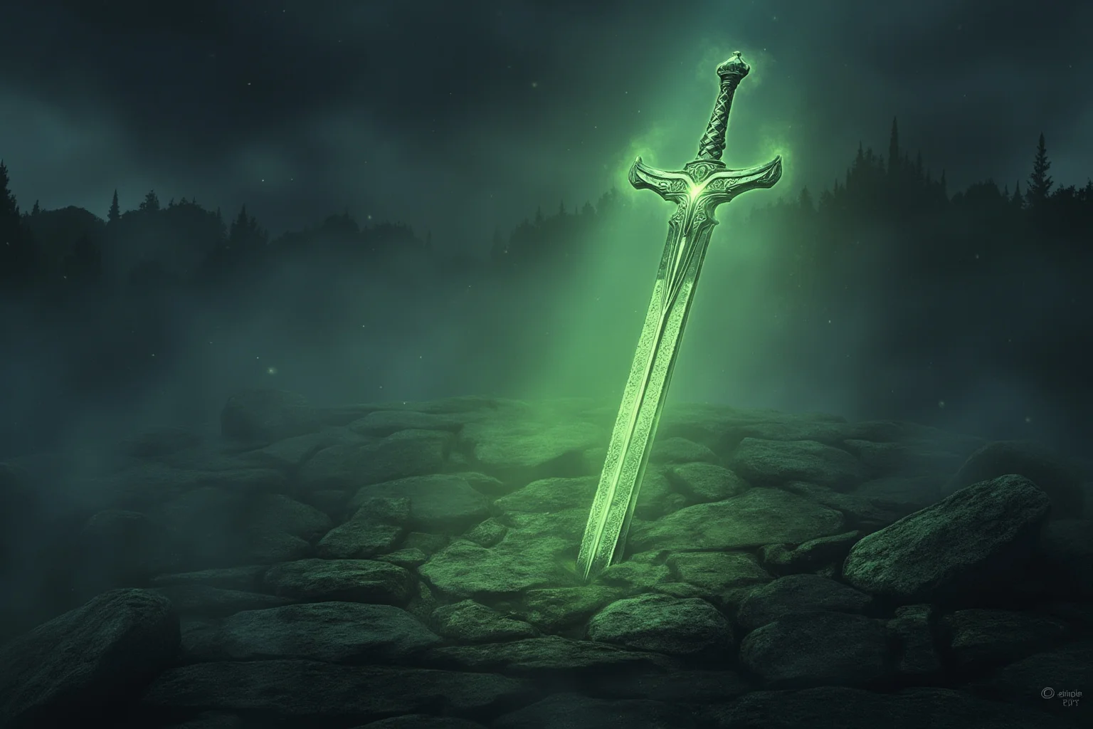 A glowing, ornate legendary sword embedded in stone in a misty medieval landscape, fantasy illustration style