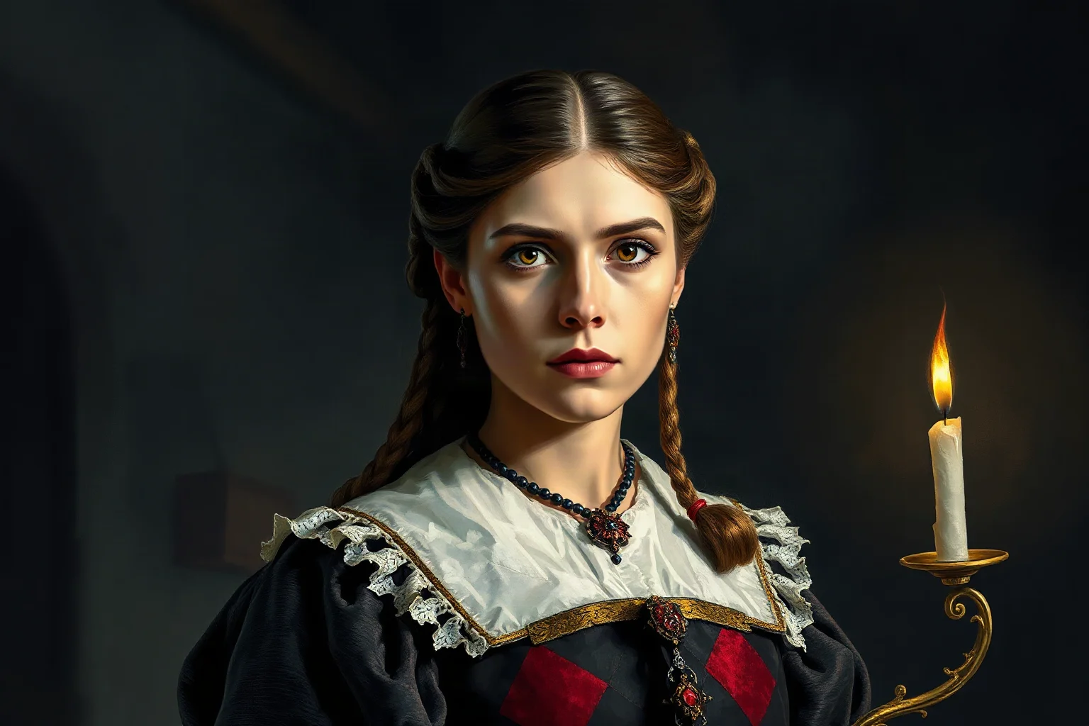 Painterly illustration of a stern 17th-century Eastern European noblewoman in a dark castle hall lit by candlelight