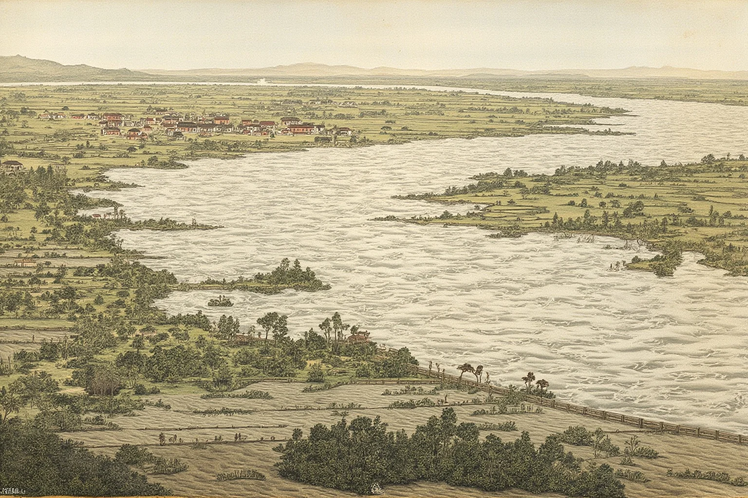 A sweeping historical illustration of a massive river flood submerging farmland and villages in early 20th-century China