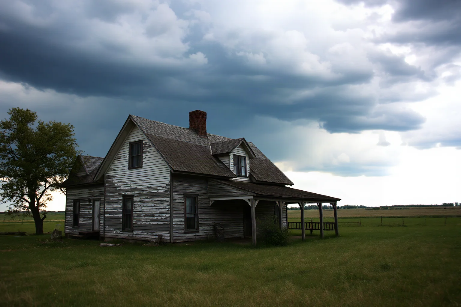 A weathered 19th-century farmhouse in rural Kansas Territory under a stormy sky, evoking the tension of the Bleeding Kansas era