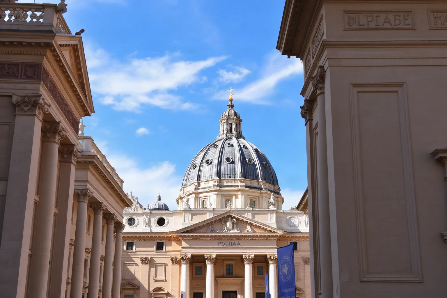 The Apostolic Palace in Vatican City showing the ornate Renaissance and Baroque architecture and dome of St. Peter's Basilica