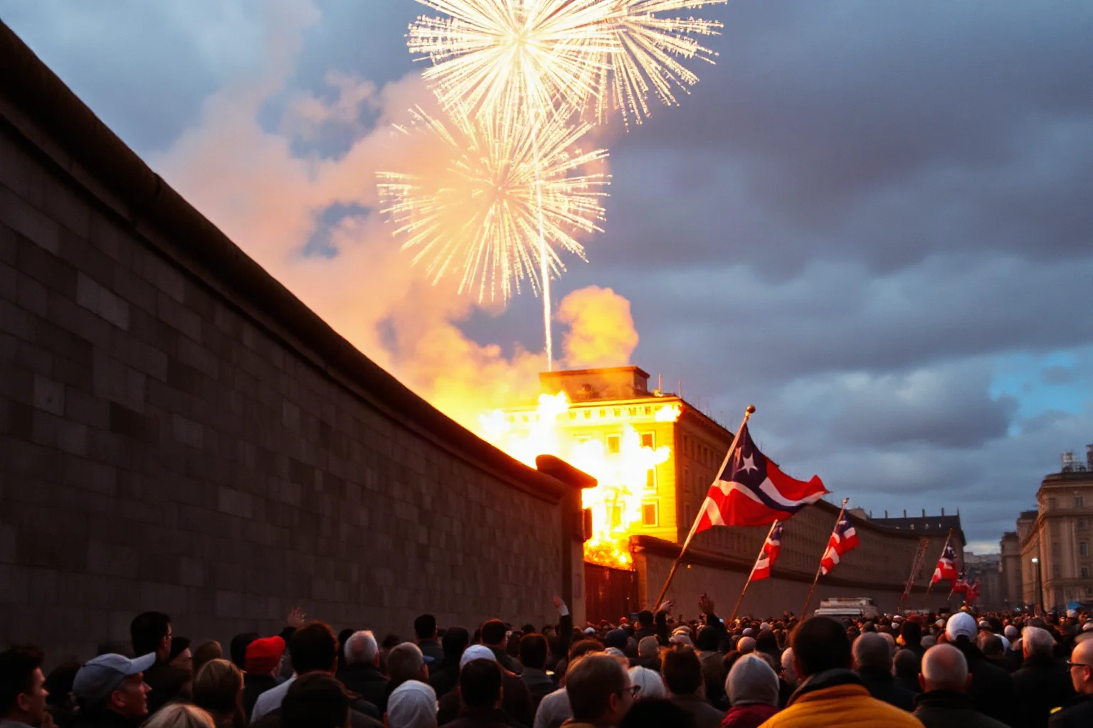 The Berlin Wall collapsing as crowds surge forward, with fireworks and celebration in the sky symbolizing the end of Cold War division
